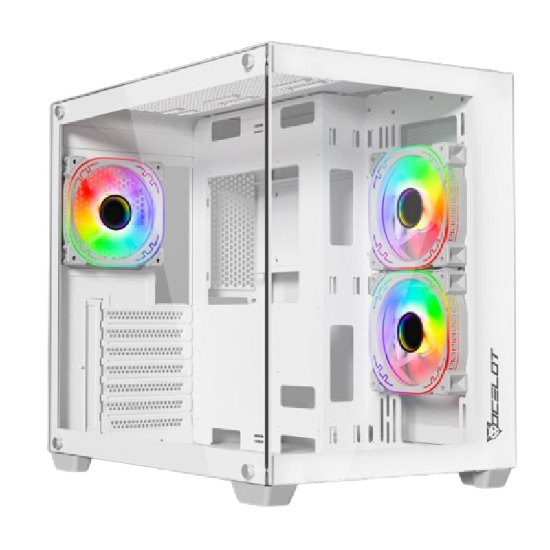 GABINETE OCELOT GAMING W-CUBE 2 / MID TOWER / ATX, M-ATX, ITX / PANEL LATERAL Y FRONTAL DE CRISTAL TEMPLADO / INCLUYE 3 VENTILADORES / ENFRIAMIENTO LIQUIDO HASTA 360MM / GPU HASTA 410MM / COLOR BLANCO